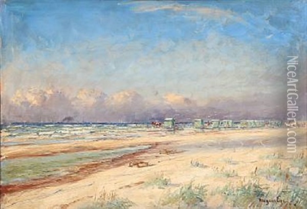 Beach Scene With Bathing Huts, Presumably From Romo Oil Painting - Mogens Ege
