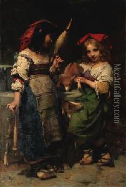 Girls At The Fountain Oil Painting - Pierre-Louis-Joseph de Coninck