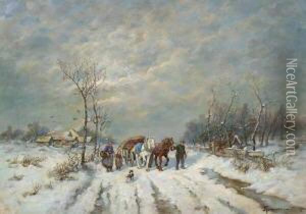 Bauernfamilie Mit Pferdefuhrwerk
 In Winterlandschaft. Oil Painting - Desire Tomassin
