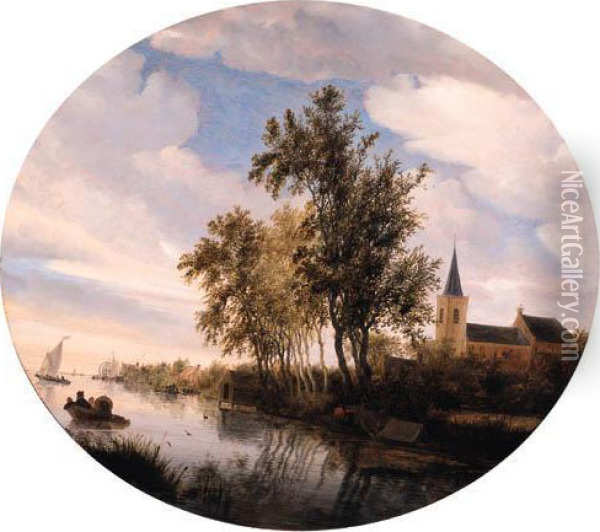 A Village By A River With 
Fishermen In Rowing Boats Moored Near Theshore, Ferries And Sailing 
Ships Setting Out Beyond, At Dawn, On Acloudy Day Oil Painting - Salomon van Ruysdael