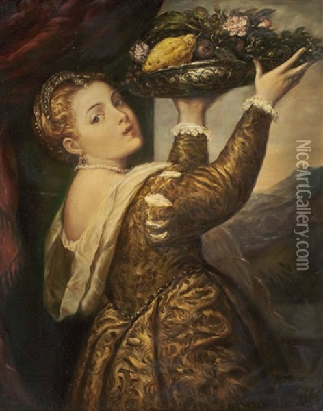 Frau Mit Fruchtschale (after Tizian) Oil Painting - Arthur (Prof.) Fischer