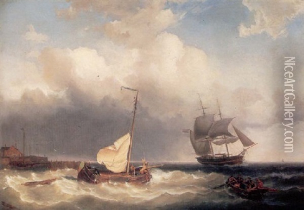 Boats Off The Dutch Coast Under A Threatening Sky Oil Painting - Pieter Cornelis Dommershuijzen