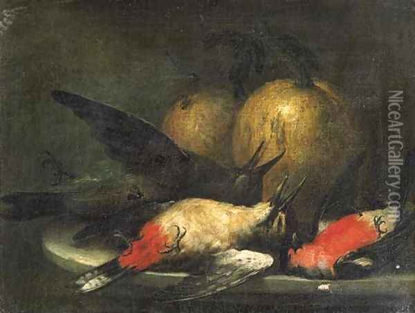 Dead songbirds and pumpkins on a stone ledge Oil Painting - Johann Adalbert Angermayer