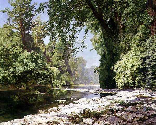 Wooded riverscape Oil Painting - Leopold Rolhaug