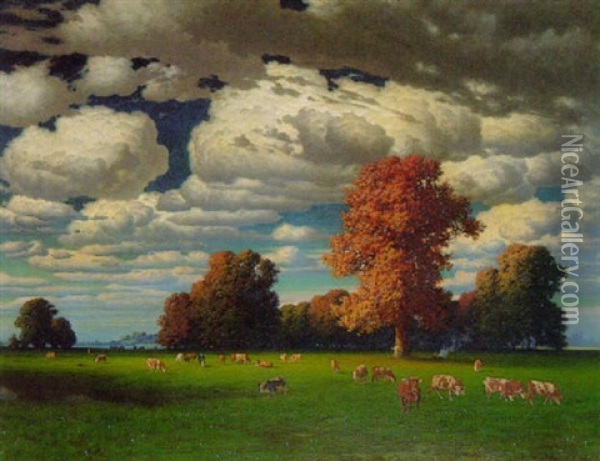 Herbstliche Weidelandschaft Mit Kuhen Auf Der Wiese Oil Painting - Traugott Hermann Ruedisuehli