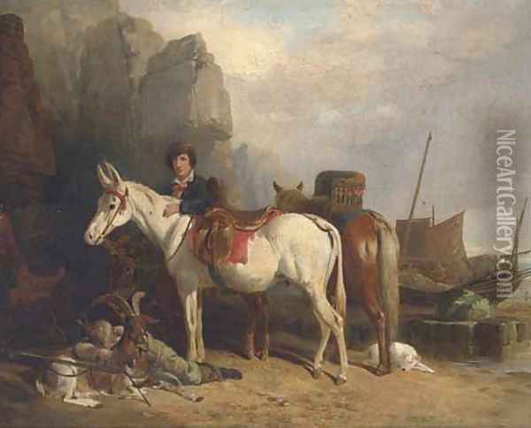 Figures on a beach, with ponies and fishing boats Oil Painting - Richard Westall