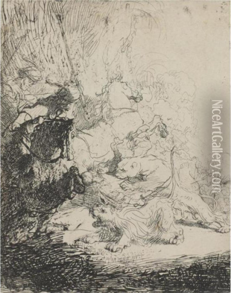 The Small Lion Hunt (with Two Lions) (b., Holl. 115; H. 180;bb.41-3) Oil Painting - Rembrandt Van Rijn