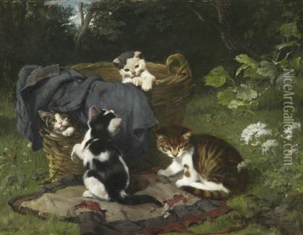 Vier Kleine Katzchen Mit Einer Hummel Spielend Oil Painting - Julius Adam the Younger