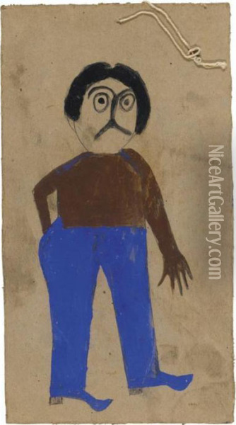 Man With Moustache In Blue Trousers Oil Painting - Bill Traylor