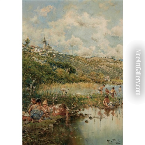 Playing At The Water's Edge Oil Painting - Arcadi Mas y Fondevila