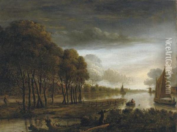 A Moonlit River Landscape With Boats Beyond Oil Painting - Aert van der Neer