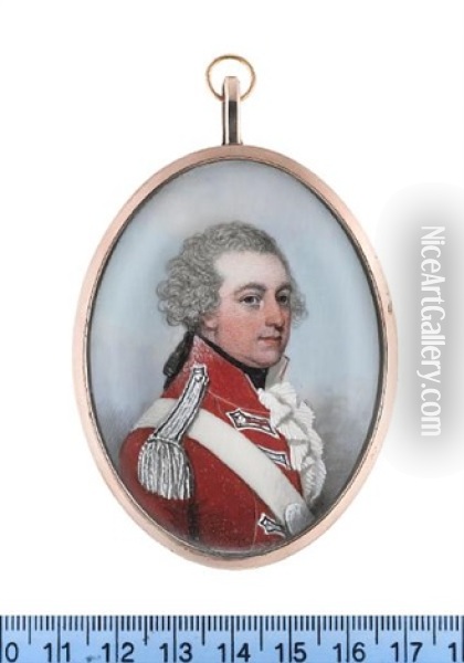 An Officer, Wearing Red Coatee With Standing Collar, White And Black Lace And Epaulettes, White Frilled Chemise And Black Stock, His Powdered Hair Tied With A Black Ribbon Bow Oil Painting - Frederick Buck