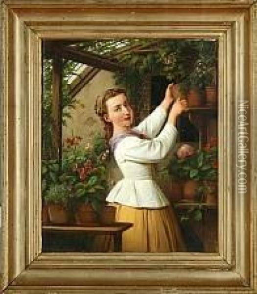 A Young Girl In A Greenhouse Oil Painting - Edvard Lehmann
