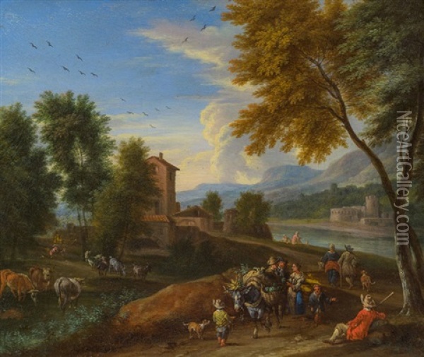 Landschaft Mit Gemusehandler Und Esel Oil Painting - Adriaen Frans Boudewyns the Elder