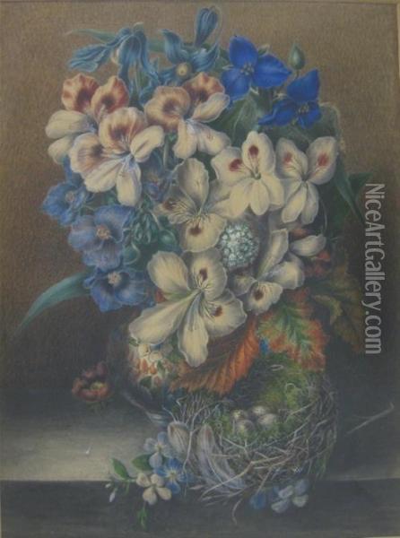 Still Life With Flowers And Bird's Nest Oil Painting - James Bowles