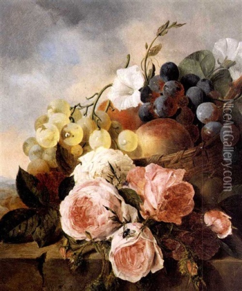 Still Life With Fruit, Roses And Convolvulus Oil Painting - Edward Ladell