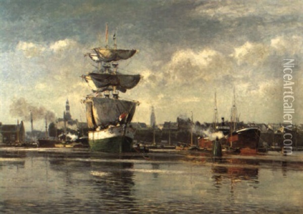 Amsterdamer Gracht Mit Ankerndem Dreimaster Und Dampfer Oil Painting - Heinrich Hermanns