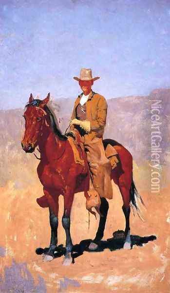 Mounted Cowboy In Chaps With Race Horse Oil Painting - Frederic Remington