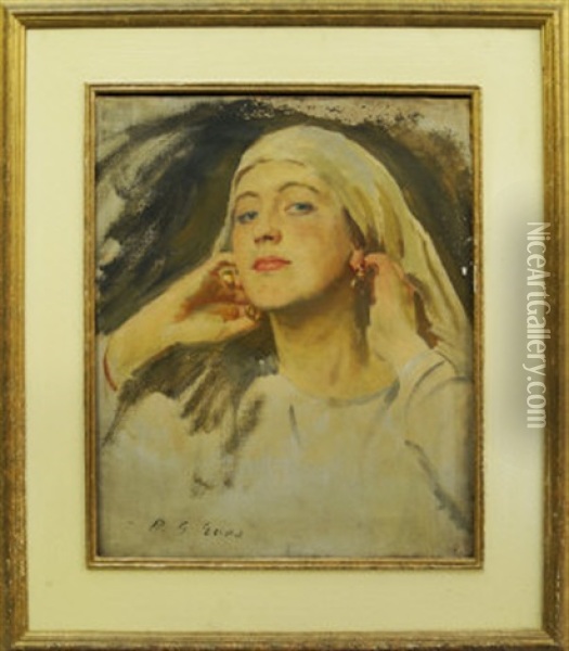 Portrait Of A Woman, Quarter-length Wearing A Head Scarf Oil Painting - Reginald Grenville Eves