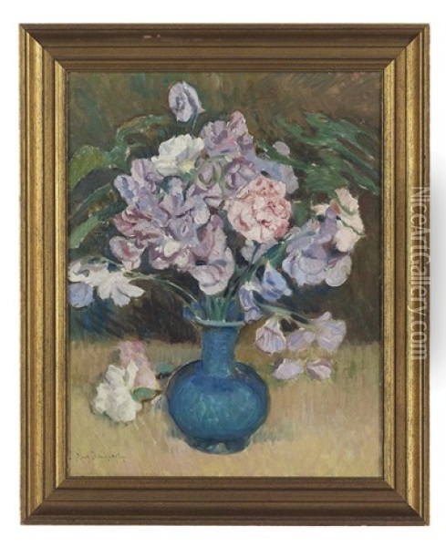 Still Life Of Sweet Peas In A Blue Vase Oil Painting - Paul Dougherty