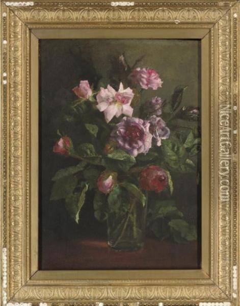 Pink Roses In A Glass Vase, On A Table Oil Painting - Walter Graham Grieve