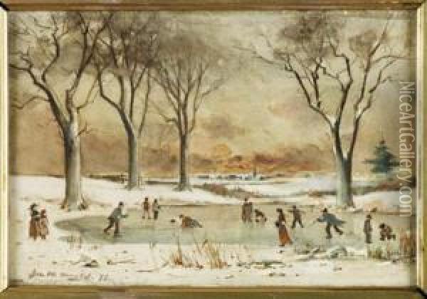Curling And Skating On A Frozen Loch Oil Painting - James Watterston Herald