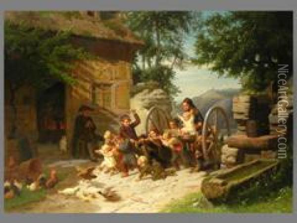 Kinderspiel Auf Dem Hof Vor Tiefer Landschaft Oil Painting - Christian Eduard Boettcher