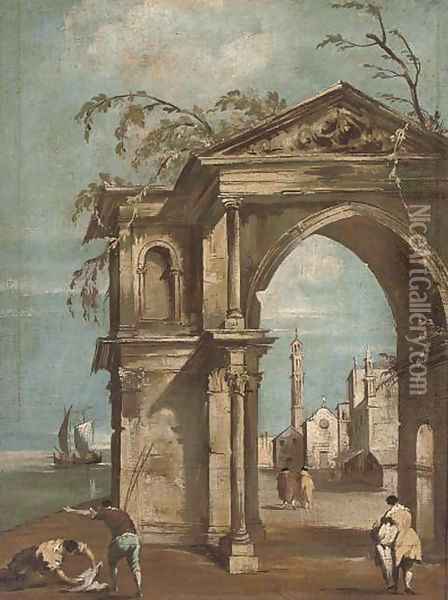 A Venetian capriccio with figures by a classical arch Oil Painting - Francesco Guardi