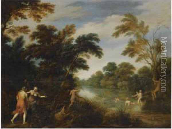 A Wooded River Landscape With Diana And Her Nymphs Bathing Oil Painting - Alexander Keirincx