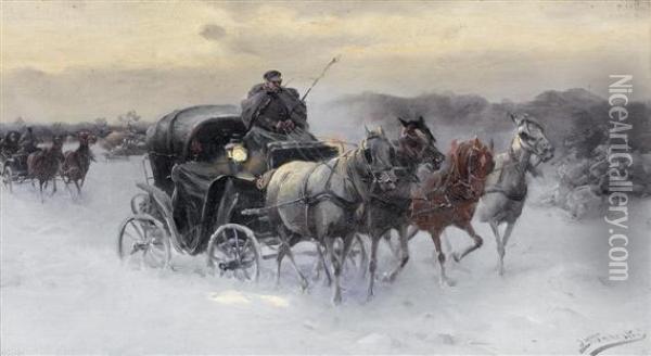 Two Horse-drawn Coaches In A Snowy Landscape. Oil Painting - Alfred Wierusz-Kowalski