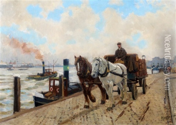 Een Sleperswagen Op Een Rotterdamse Kade Oil Painting - Gijsbertus Johannes Van Overbeek