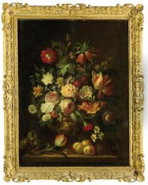 Roses, Carnations, Tulips, 
Lilies And Other Flowers In A Metal Vase With Raspberries, Grapes, 
Peraches And A Tulip On A Stone Ledge Oil Painting - Gerard Van Spaendonck