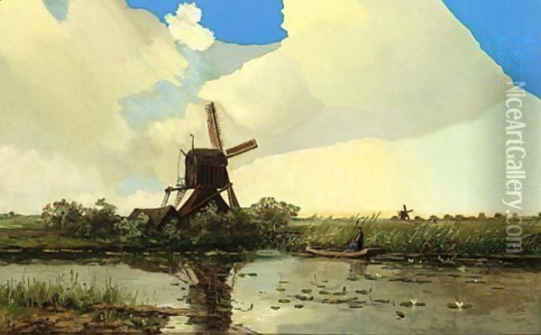A Windmill And Anglers In A Polder Landscape Oil Painting - Hendrik-Dirk Kruseman van Elten