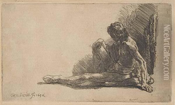 Nude Man Seated On The Ground With One Leg Extended Oil Painting - Rembrandt Van Rijn