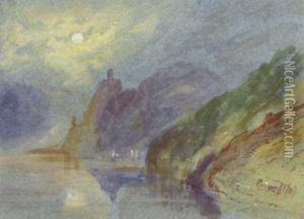 A Castle On A Rocky Promontory By Moonlight Oil Painting - George James Rowe