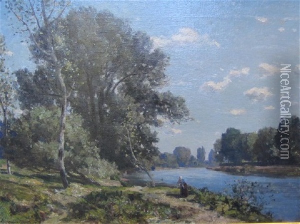 A Sunlit River Landscape With Figure Oil Painting - Herbert Hughes (Sir) Stanton
