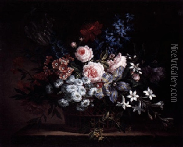 A Still Life Of Roses, Azaleas, Variegated Tulips And Other Flowers In A Wicker Basket, Upon A Stone Ledge Oil Painting - Jean-Baptiste Monnoyer