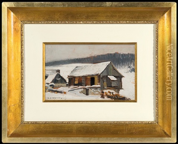 Cottages In The Snow Oil Painting - Michael Gorstkin-Wywiorski