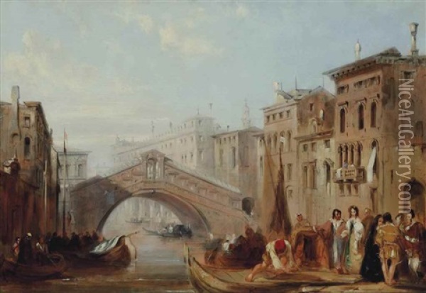 Elegant Figures Before The Rialto Bridge, Venice Oil Painting - Edward Pritchett