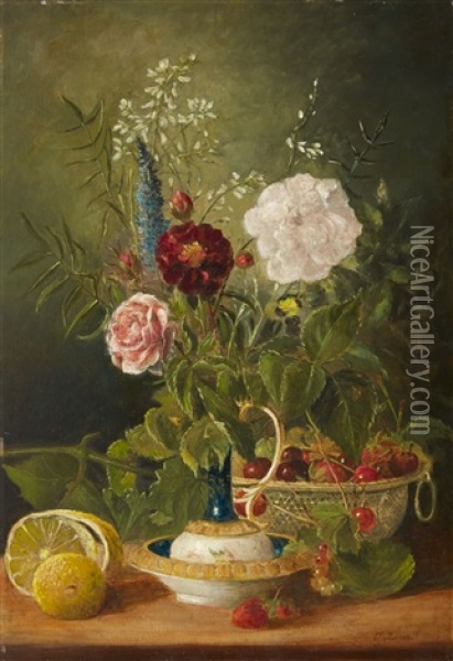 Still Life With Flowers, Cherries And A Lemon Oil Painting - Josef Lauer