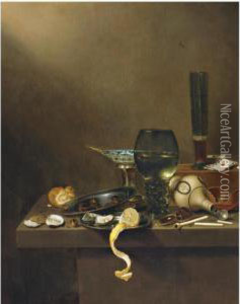 Still Life With A Beer Glass And Playing Cards On A Wooden Box,with A Large Roemer, A Brazier, A Pipe, A Stoneware Tankard On Itsside, A Bread Roll, Oysters And Other Objects Arranged On The Ledgebeneath Oil Painting - Jan III van de Velde