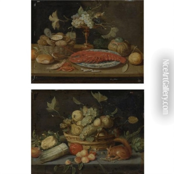 Still Life With Lobster (+ Still Life With Squirrel; Pair) Oil Painting - Jan van Kessel the Elder