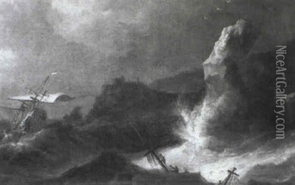 Shipping In A Squall Off A Rocky Coastline Oil Painting - Adriaen Van Diest