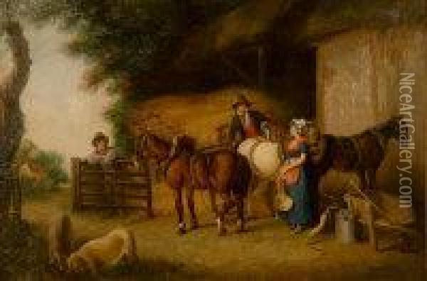 Farmhands With Horses And Animals Oil Painting - John James Chalo