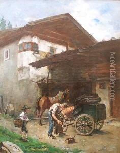 Pferdekutsche Und Personen Vor Einem Gehoft Oil Painting - Hermann Lindenschmit