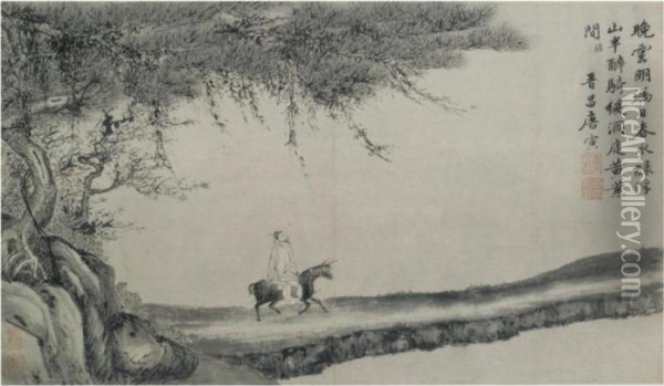 Equestrian Figure In A Landscape Oil Painting - Tang Yin