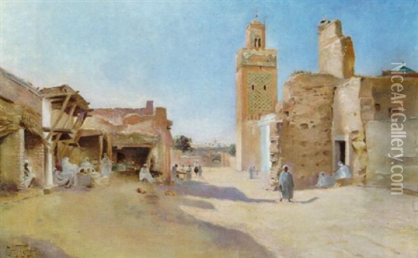 Place Animee A Marrakech Oil Painting - Maurice Romberg De Vaucorbeil