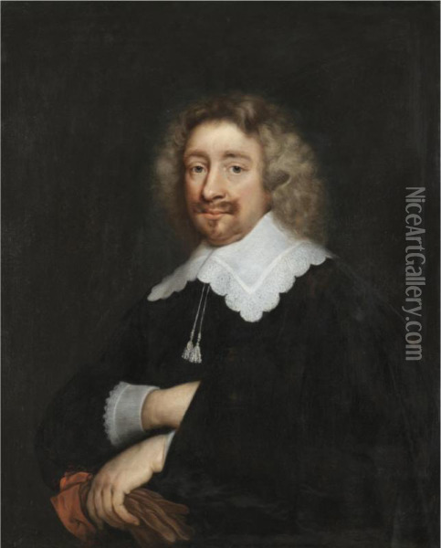 Portrait Of A Man, Half Length, Wearing A Black Tunic With Embroidered Collar And Cuffs, Holding A Pair Of Gloves Oil Painting - Abraham de Vries