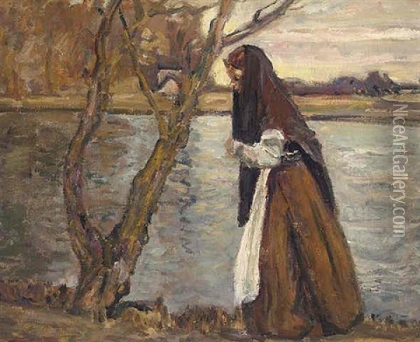 Frau An Der Amper (auf Dem Heimweg) Oil Painting - Adolf Hoelzel