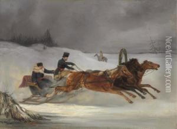 Sverchkov Troika In A Winter Landscape Oil Painting - Nikolai Egorovich Sverchkov